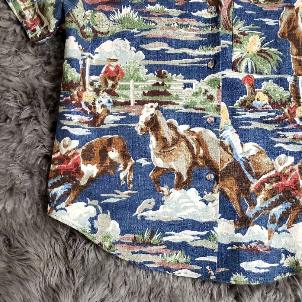 Vintage Mens Barkcloth Western Cowboy Horse Button Front Printed Shirt - Picture 4 of 11